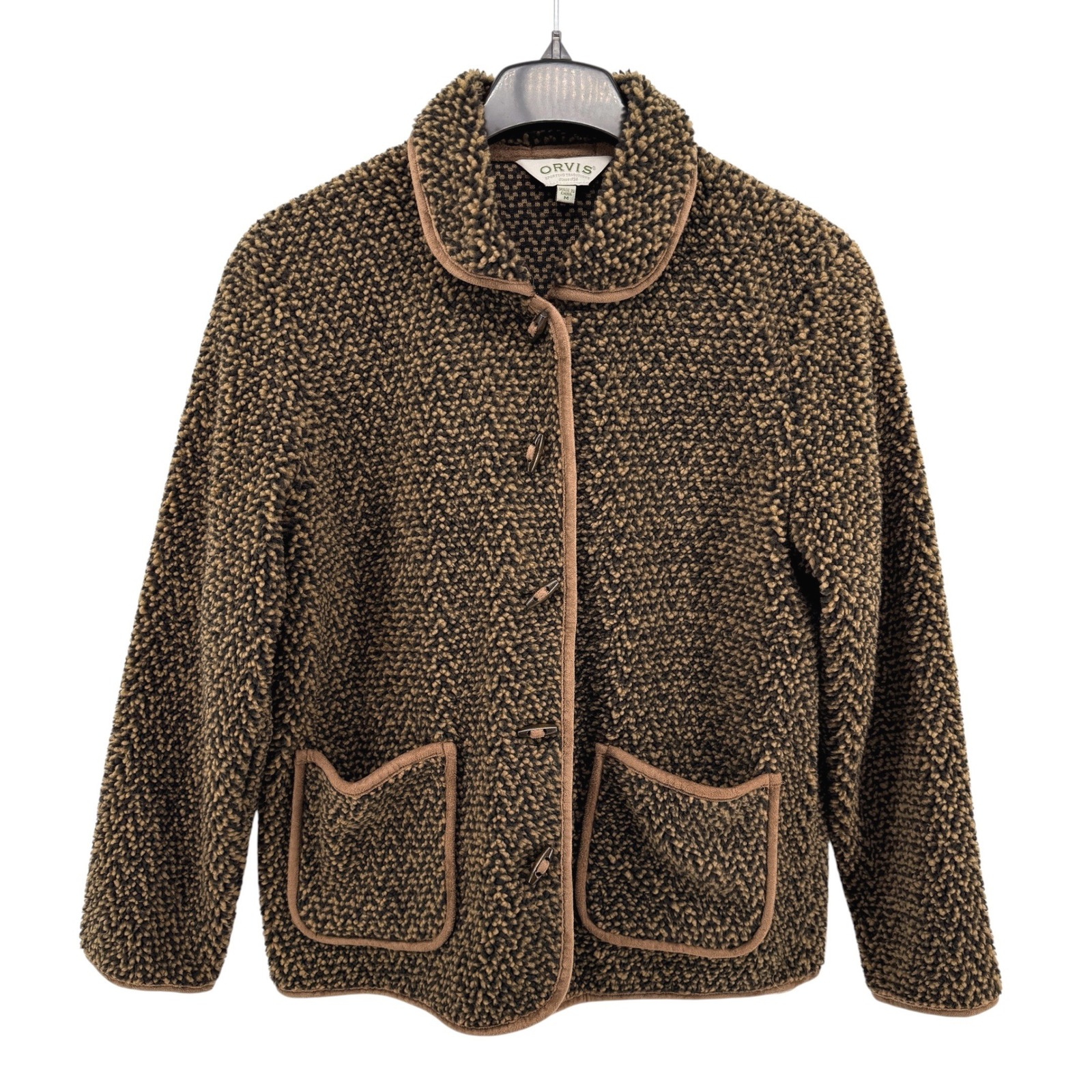 Orvis Berber Fleece Jacket Womens Medium Pre-Owned Herringbone Brown Buttons